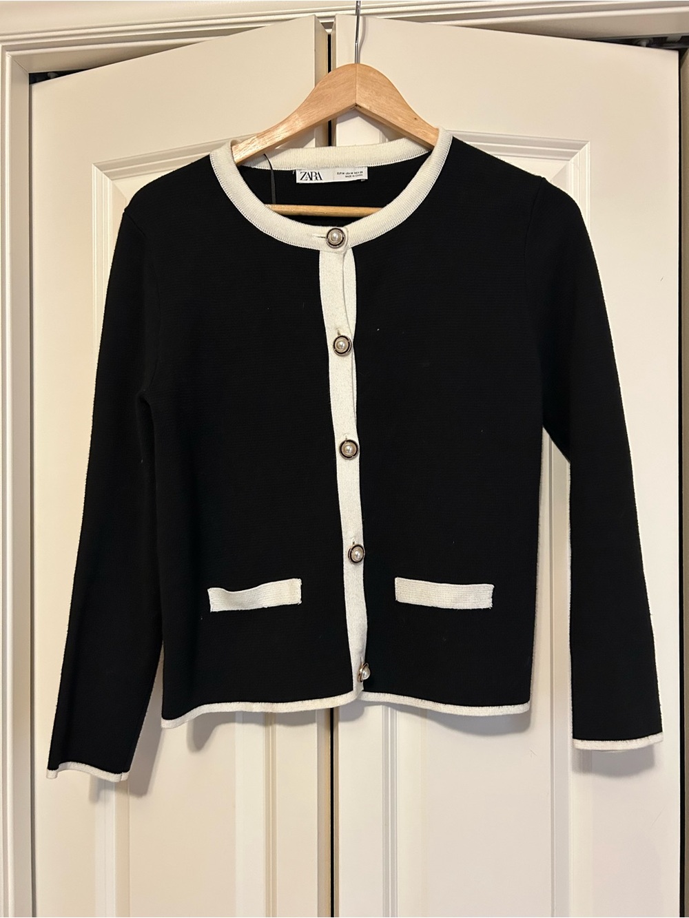 Zara Black and White Contrast Trim Button-Up Cardigan